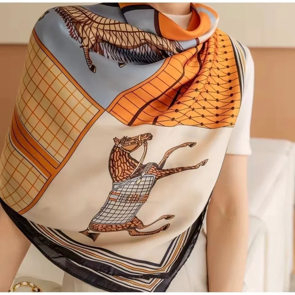 Women Equestrian Horse Patchwork Square Scarf Orange Brown Blue Satin Scarf NWT